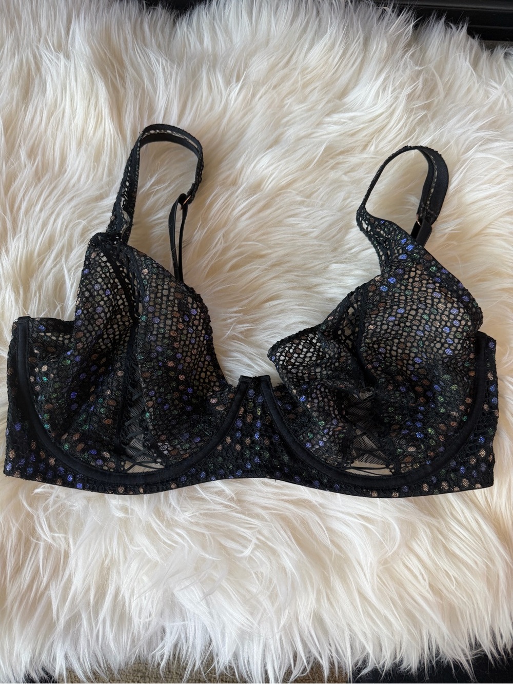 Savage X Fenty Disco Lace Up unlined underwire bra sheer black IRIDESCENT 36DDD - Picture 3 of 10